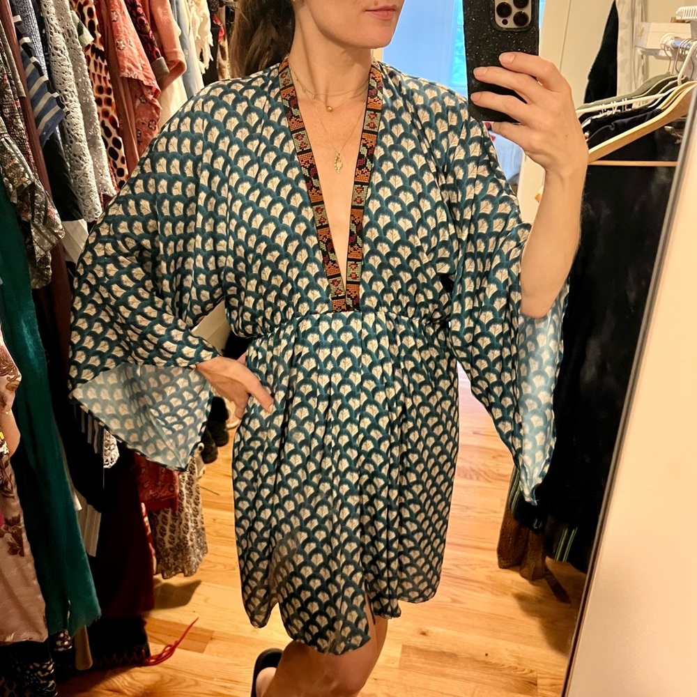 Celia Dragouni Silk Mini Kaftan, Feather Print, Large